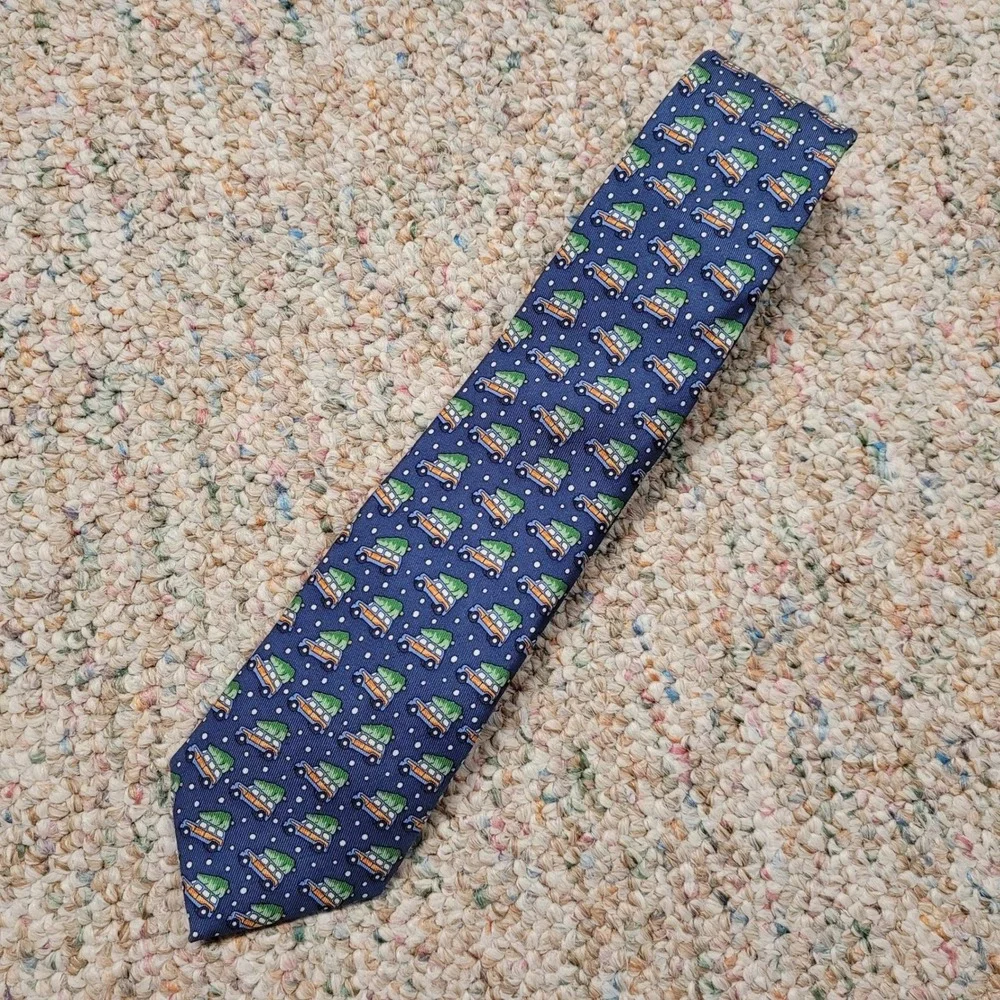 Vineyard Vines Tie Boys OS Blue Christmas Tree Woody Wagon Silk Holiday Preppy